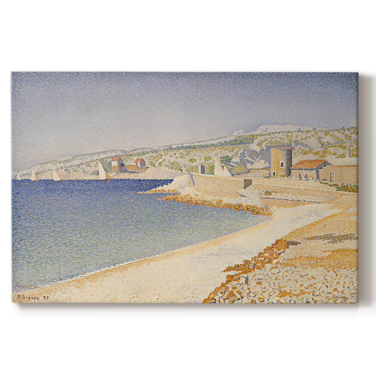 Canvas art print portraying a jetty extending into coastal water, set against a white background