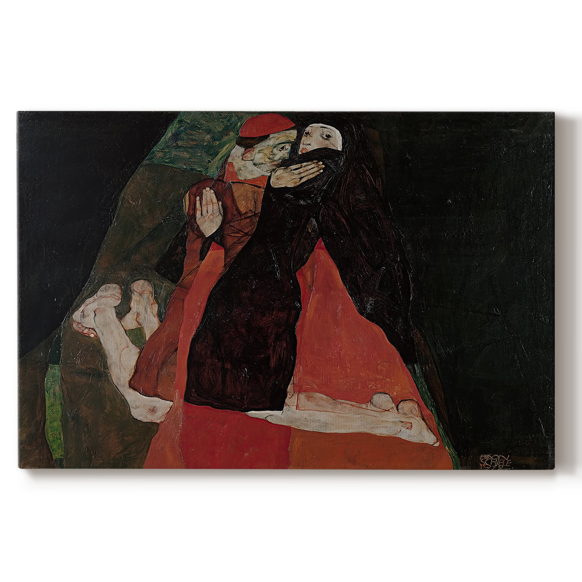 Canvas art print portraying two figures embracing intimately in stylized expressionist composition, set against a white background