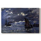 Canvas art print portraying ships on dark sea illuminated by moonlight under night sky, set against a white background