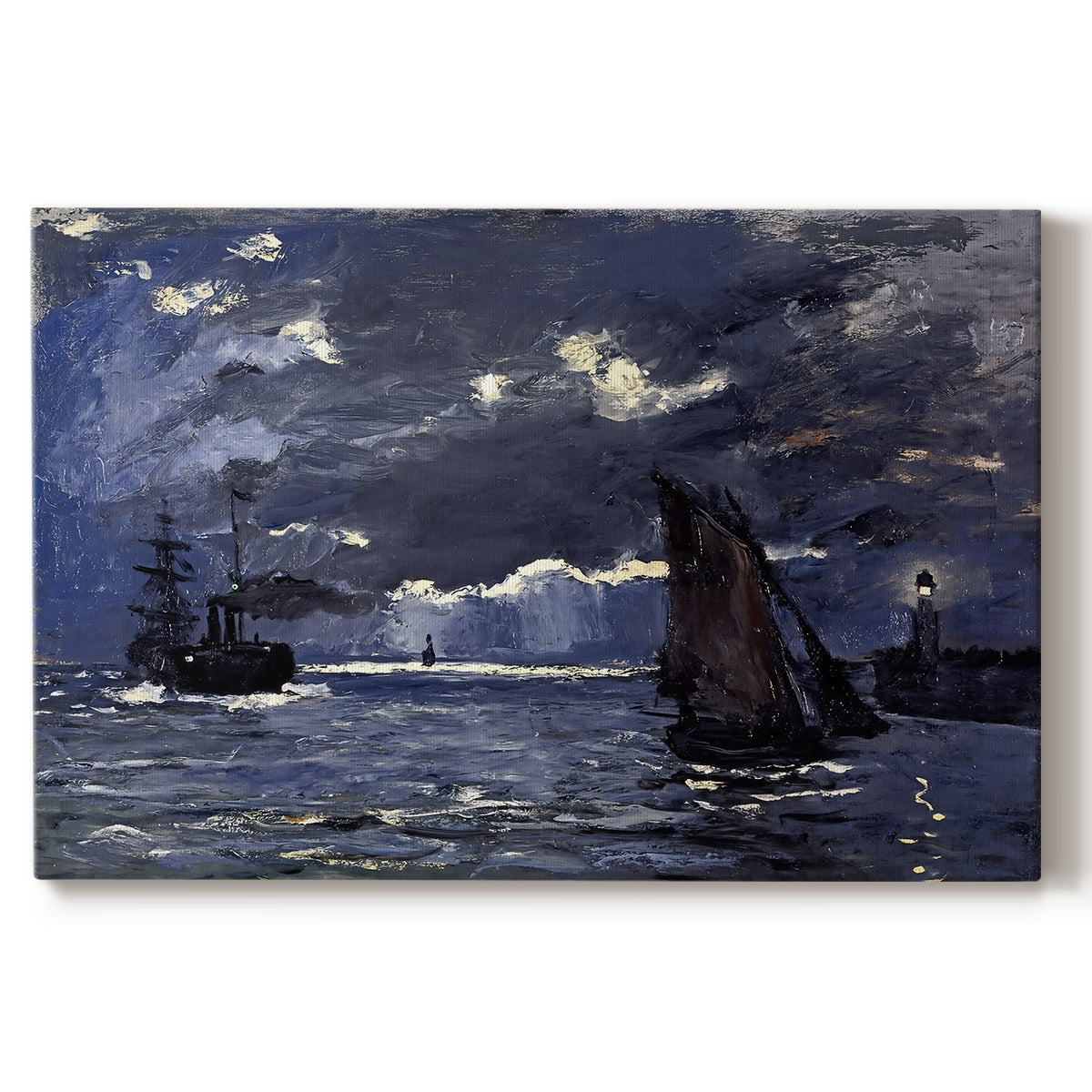 Canvas art print portraying ships on dark sea illuminated by moonlight under night sky, set against a white background