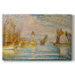 Canvas art print portraying a pointillist landscape of lighthouse and boats, set against a white background