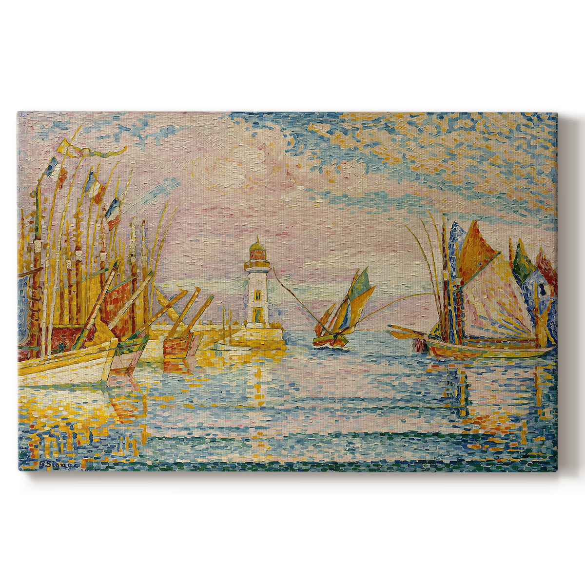 Canvas art print portraying a pointillist landscape of lighthouse and boats, set against a white background