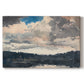 Canvas art print portraying a single boat floating on still lake surrounded by forested shoreline, set against a white background