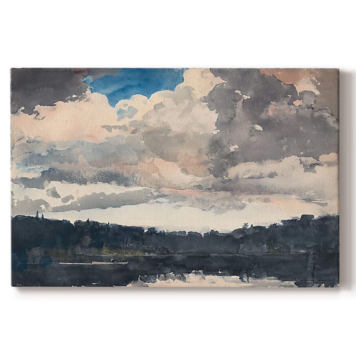 Canvas art print portraying a single boat floating on still lake surrounded by forested shoreline, set against a white background