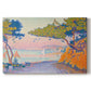 Canvas art print portraying a coastal landscape with trees and water, set against a white background