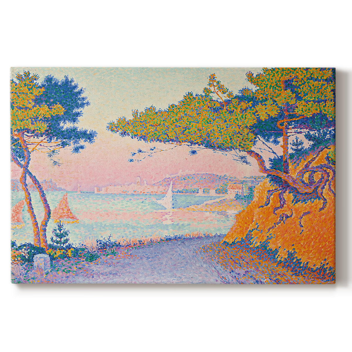 Canvas art print portraying a coastal landscape with trees and water, set against a white background