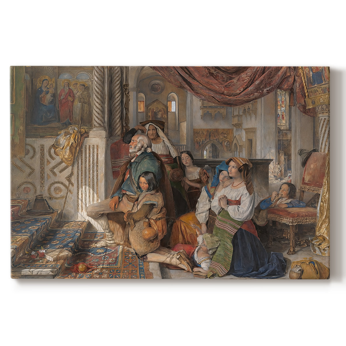 Canvas art print portraying a group of figures gathered outdoors in travel or religious setting, set against a white background