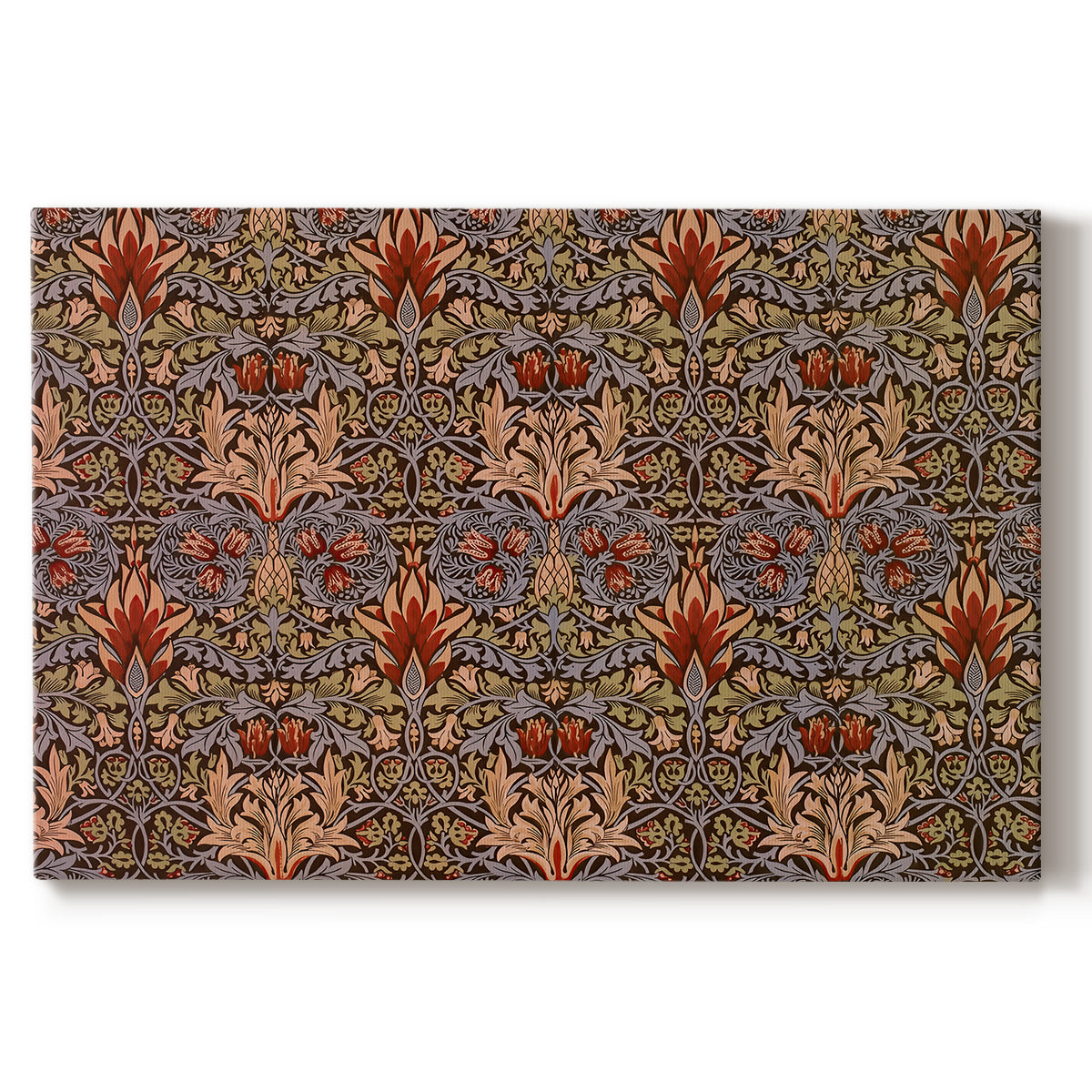 Canvas art print portraying a repeating pattern of stylized flowers with warm red tones and curved stems, set against a white background