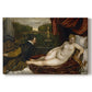 Canvas art print portraying a reclining nude woman with organist nearby and dog at foot of bed, set against a white background