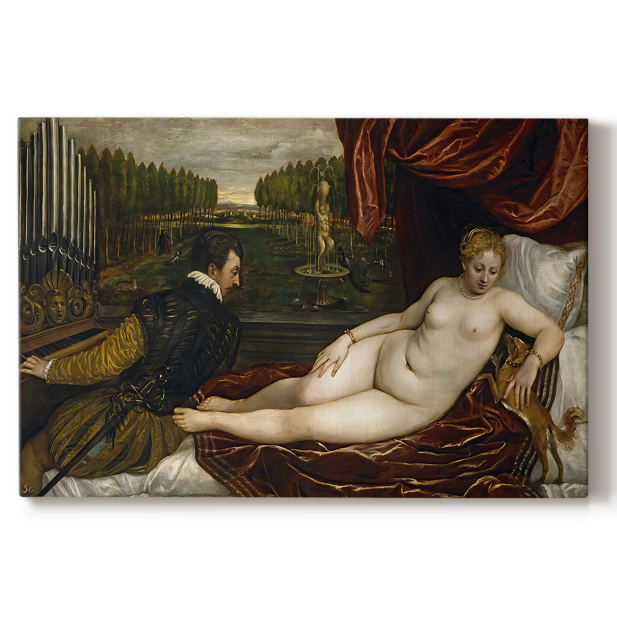 Canvas art print portraying a reclining nude woman with organist nearby and dog at foot of bed, set against a white background