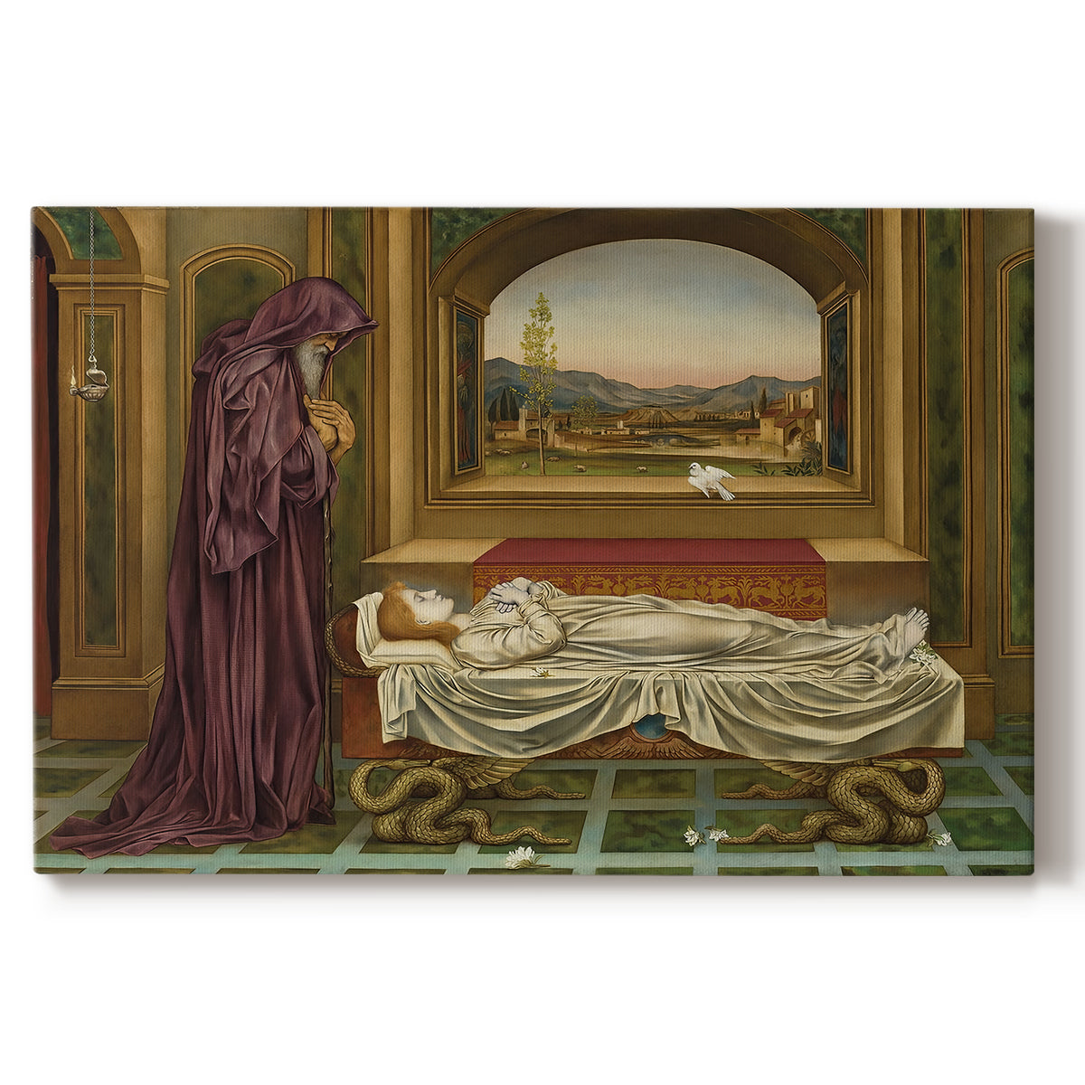 Canvas art print portraying a solitary figure standing in interior space with contemplative expression, set against a white background