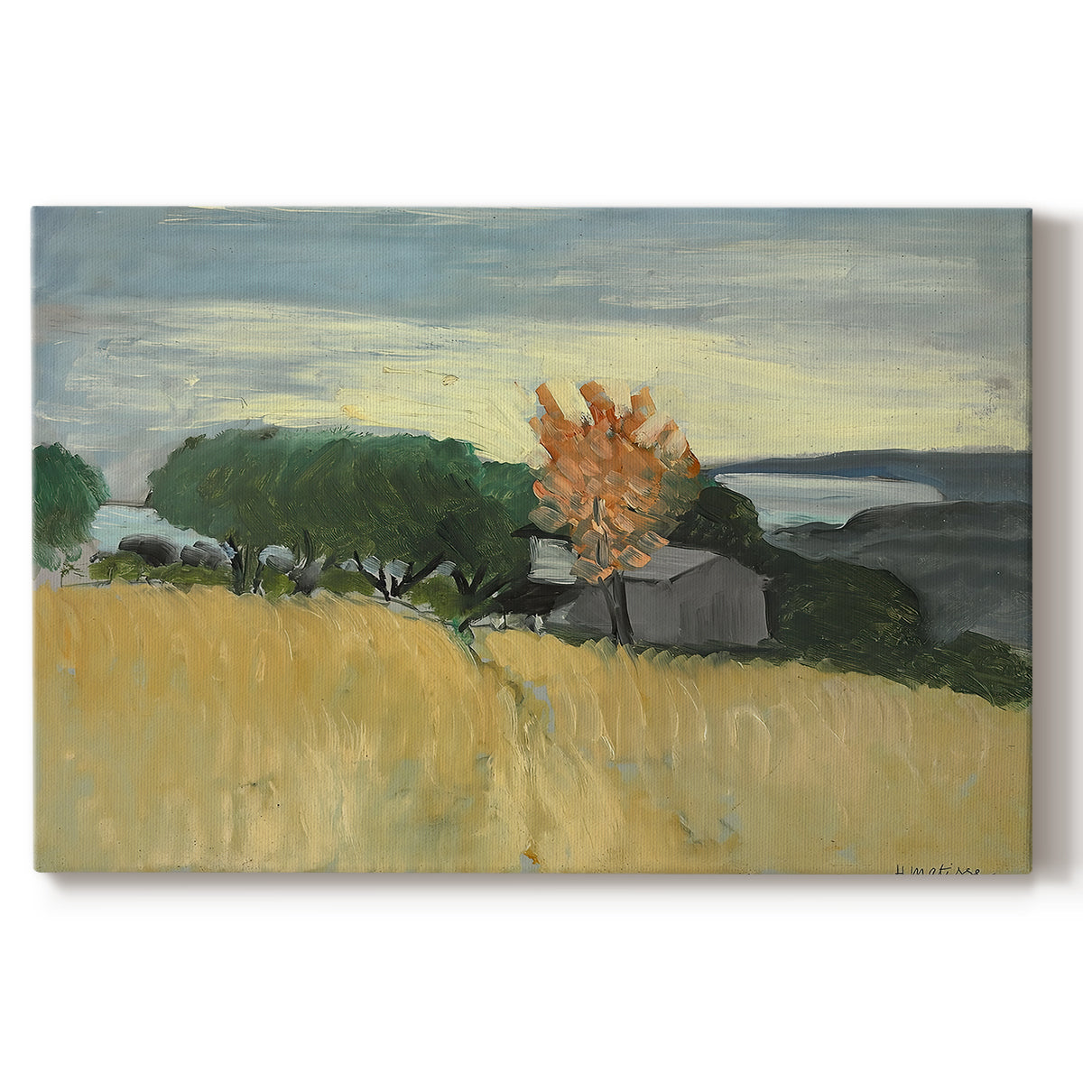 Canvas art print portraying a golden wheat field stretching across a sunlit landscape under open sky, set against a white background