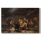 Canvas art print portraying villagers welcoming returning bear hunter surrounded by people in rustic interior, set against a white background