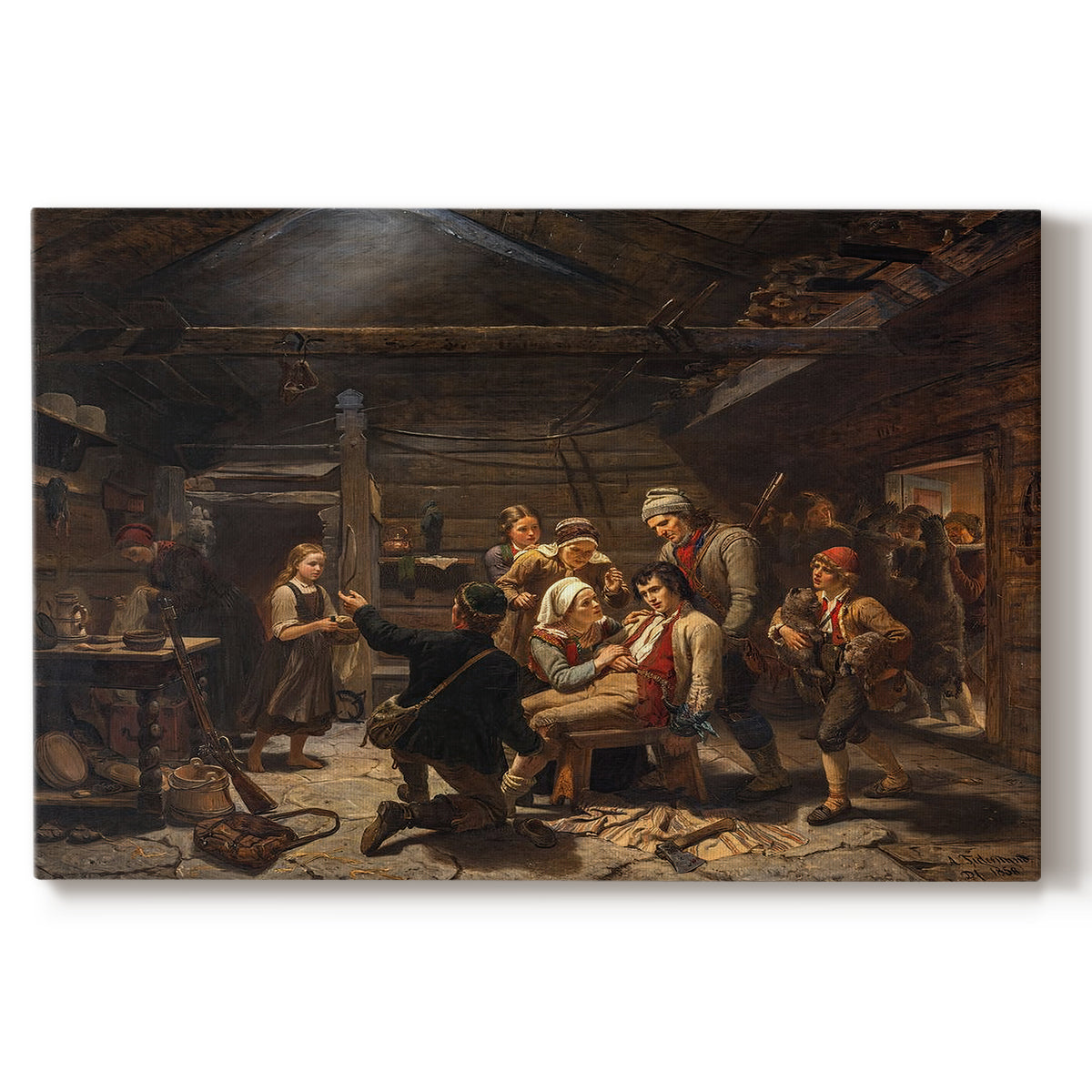 Canvas art print portraying villagers welcoming returning bear hunter surrounded by people in rustic interior, set against a white background