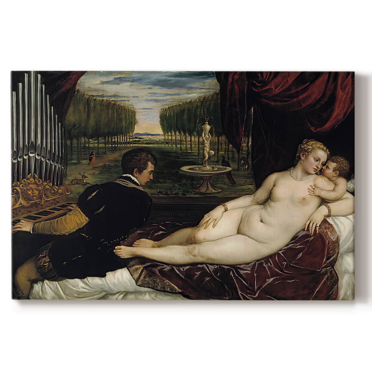 Canvas art print portraying a reclining Venus with seated organist and Cupid in rich interior setting, set against a white background