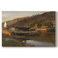 Canvas art print portraying a small harbor with boats docked along shoreline near buildings, set against a white background