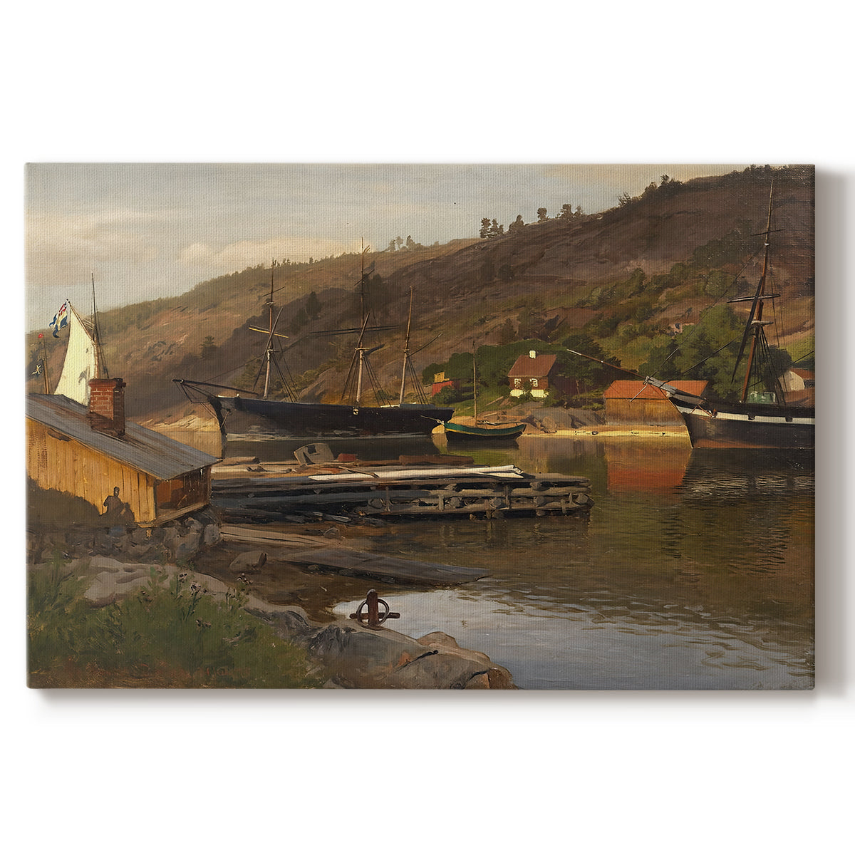 Canvas art print portraying a small harbor with boats docked along shoreline near buildings, set against a white background