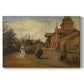 Canvas art print portraying a large house set along quiet street with figures and surrounding buildings, set against a white background