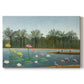 Canvas art print portraying flamingos standing in water surrounded by trees and vegetation, set against a white background