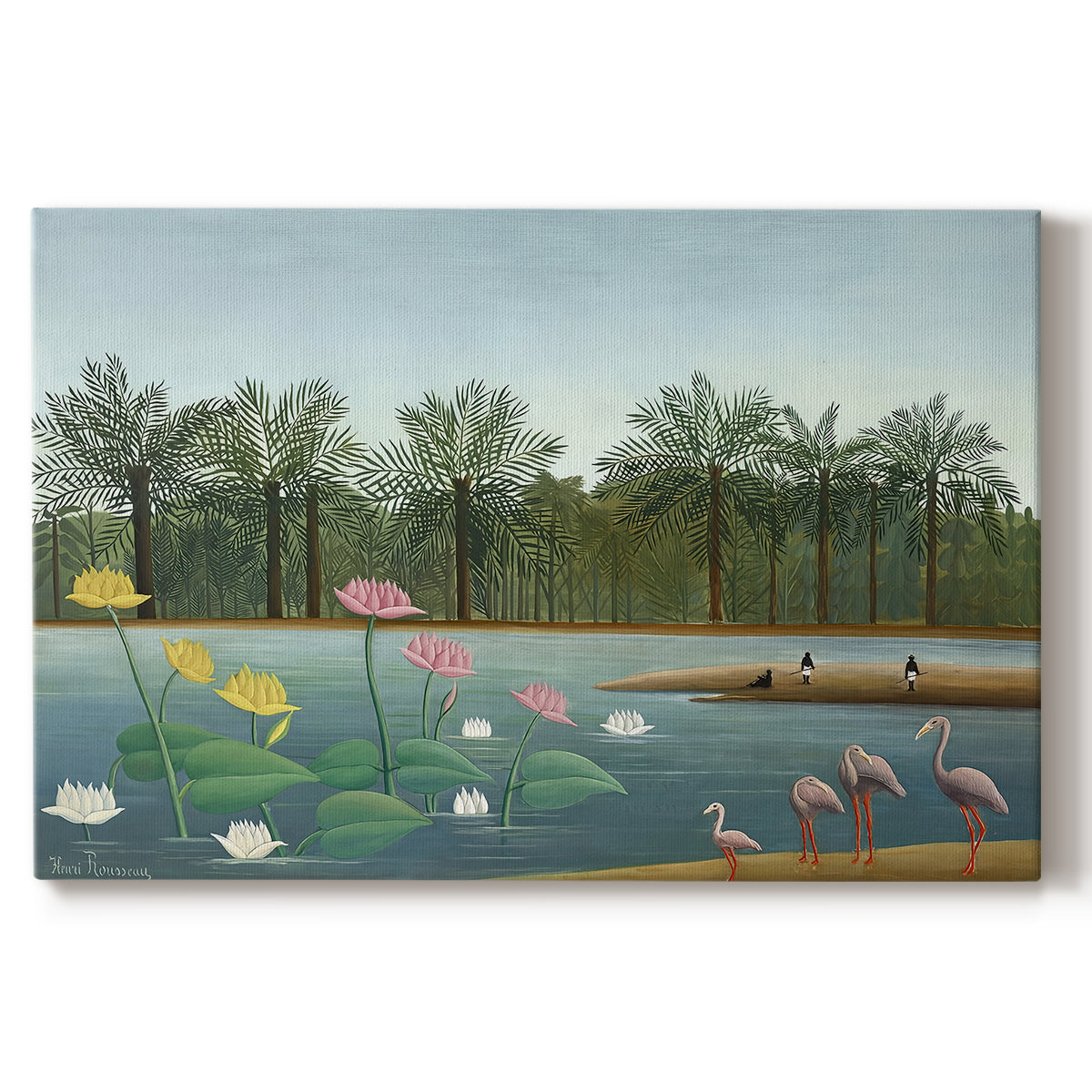 Canvas art print portraying flamingos standing in water surrounded by trees and vegetation, set against a white background