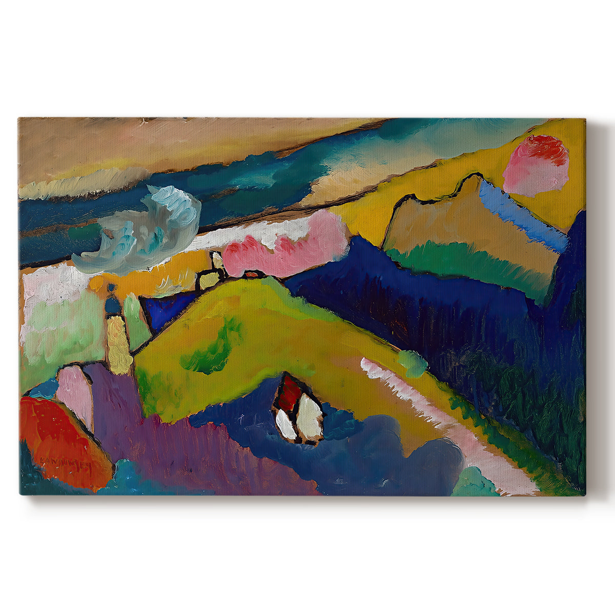 Canvas art print portraying a simplified mountain village scene with church and surrounding hills in bold color, set against a white background