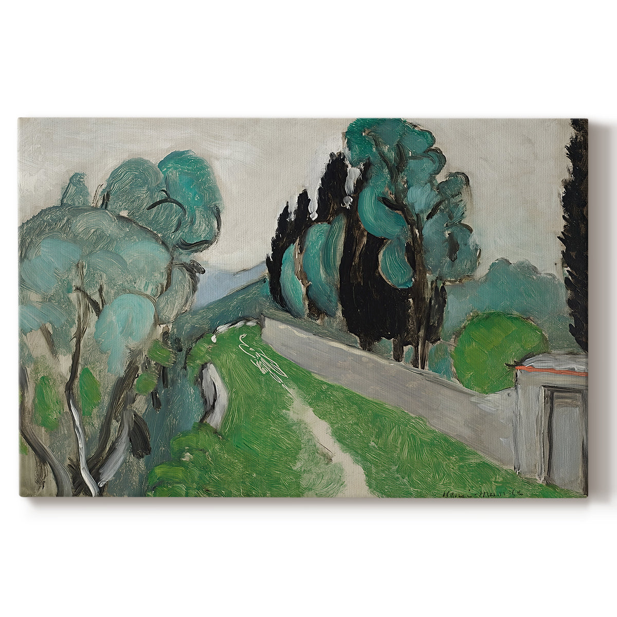 Canvas art print portraying a Mediterranean landscape with cypresses, olive trees, and rolling terrain, set against a white background
