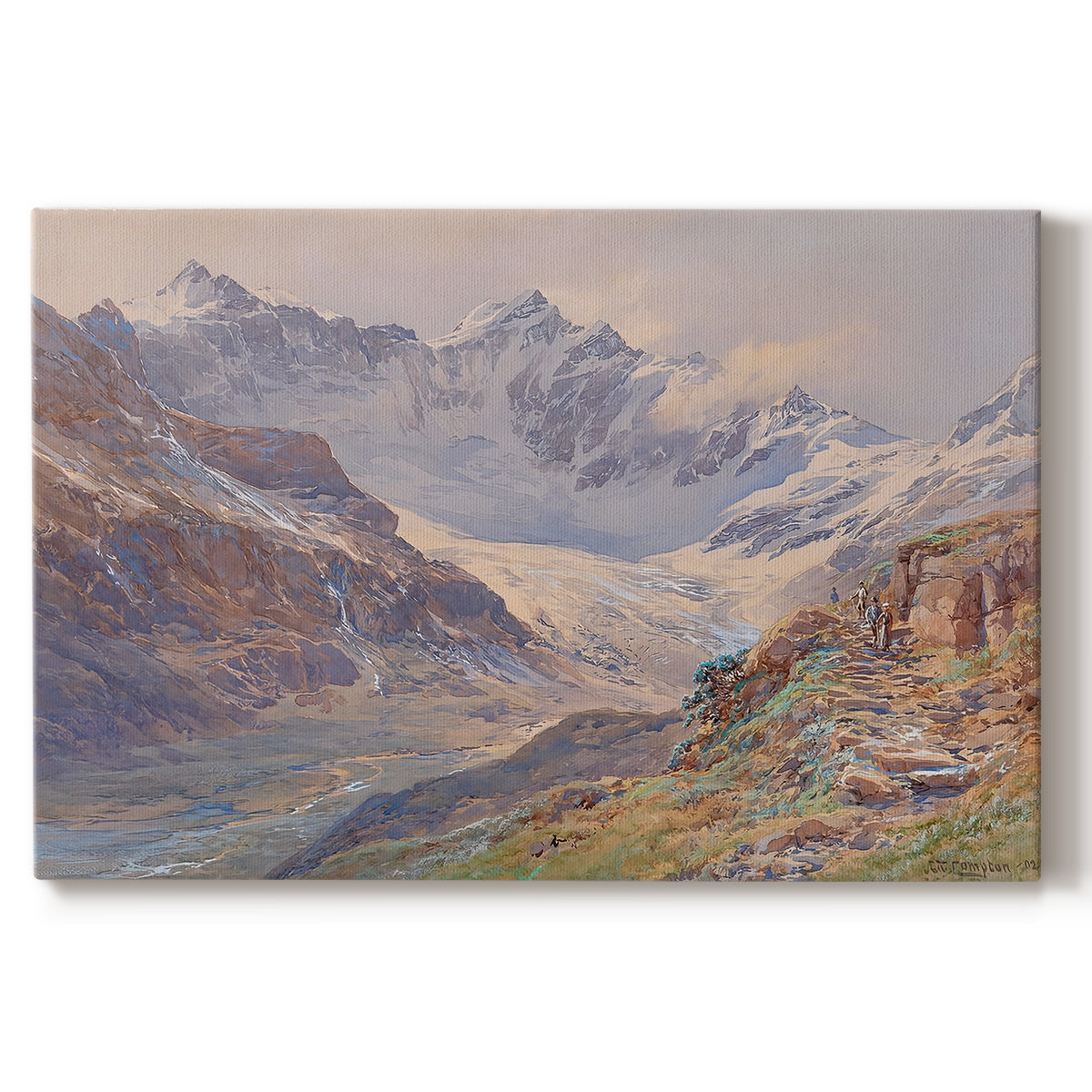 Canvas art print portraying an alpine glacier landscape with rugged peaks and snow-covered terrain, set against a white background