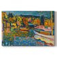 Canvas art print portraying a semi-abstract landscape with boats and shoreline suggested through bold color areas, set against a white background