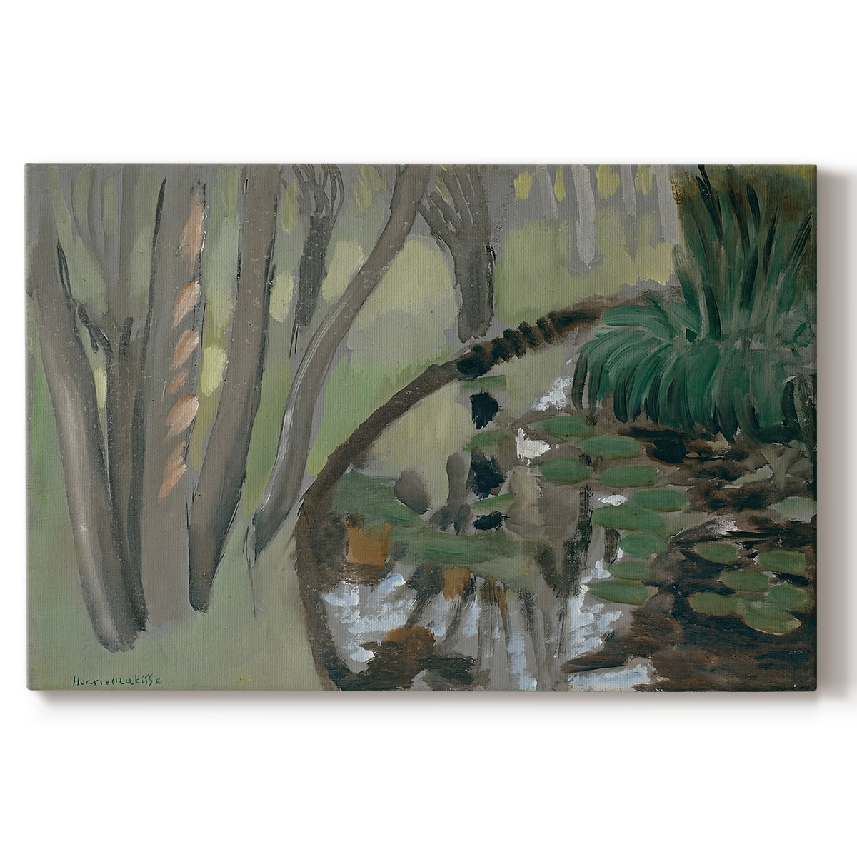 Canvas art print portraying a stream flowing through green landscape, set against a white background