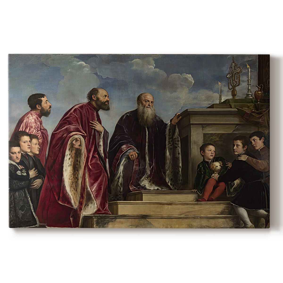 Canvas art print portraying a family group standing in reverent pose before sacred relic in formal interior, set against a white background