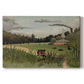 Canvas art print portraying an industrial factory building with figures working in outdoor setting, set against a white background