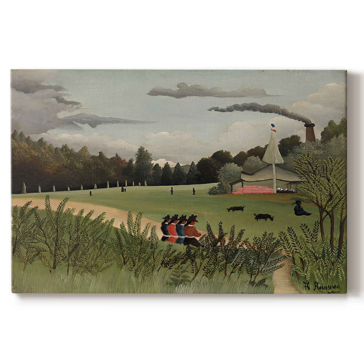 Canvas art print portraying an industrial factory building with figures working in outdoor setting, set against a white background