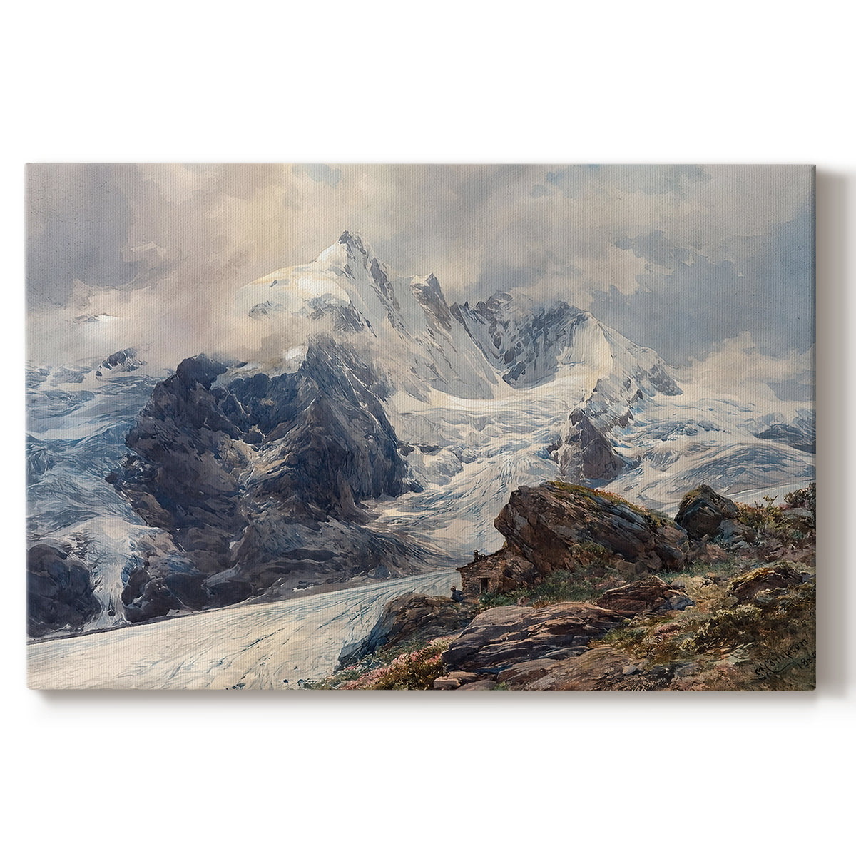 Canvas art print portraying a towering mountain peak rising above rocky alpine landscape, set against a white background
