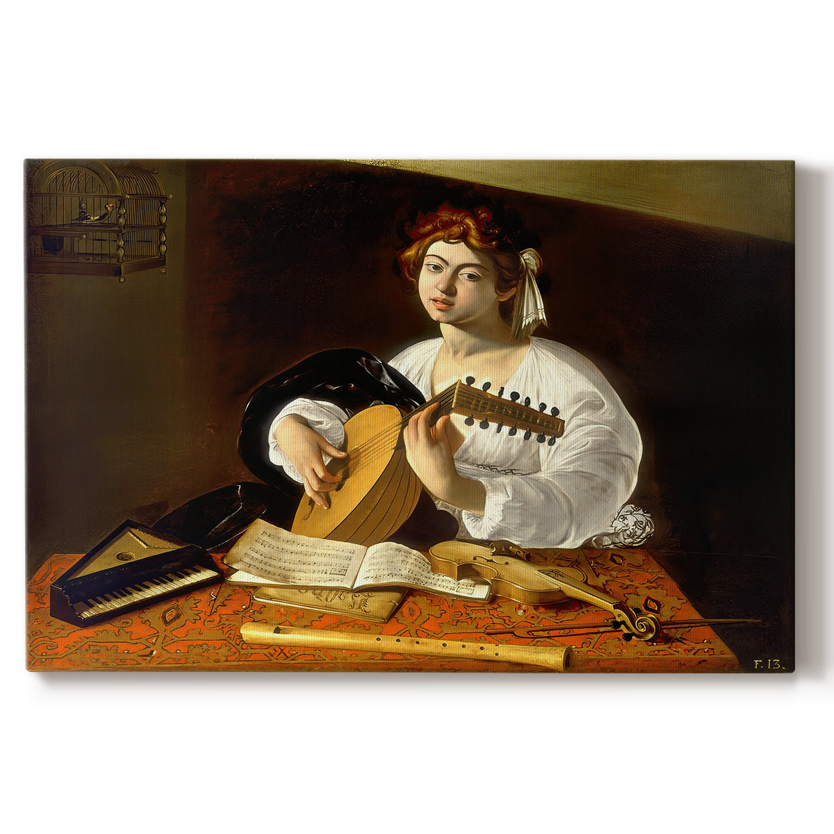 Canvas art print portraying a young man playing lute surrounded by sheet music and still life objects, set against a white background