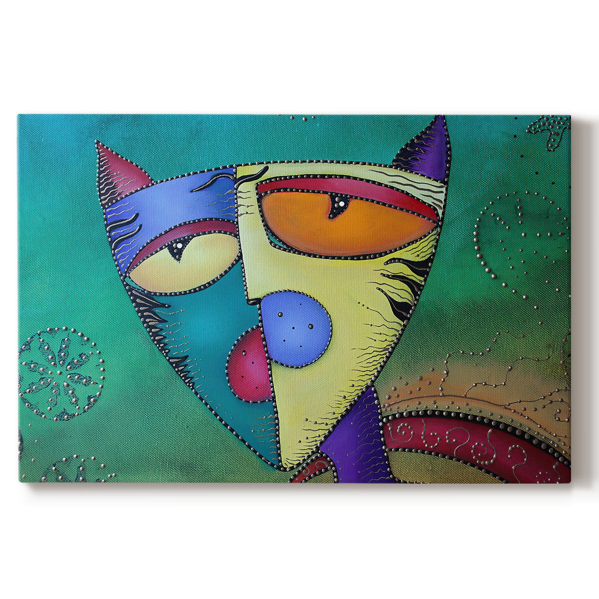 Canvas art print portraying a colorful geometric cat face with angular shapes, set against a white background