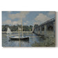 Canvas art print portraying a bridge spanning river with sailboats and reflections in bright daylight, set against a white background