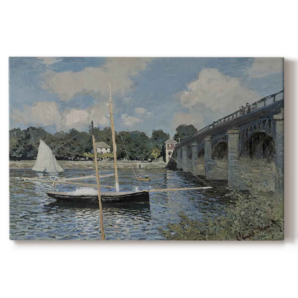 Canvas art print portraying a bridge spanning river with sailboats and reflections in bright daylight, set against a white background