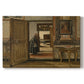 Canvas art print portraying a long interior hallway with figure standing in structured architectural space, set against a white background