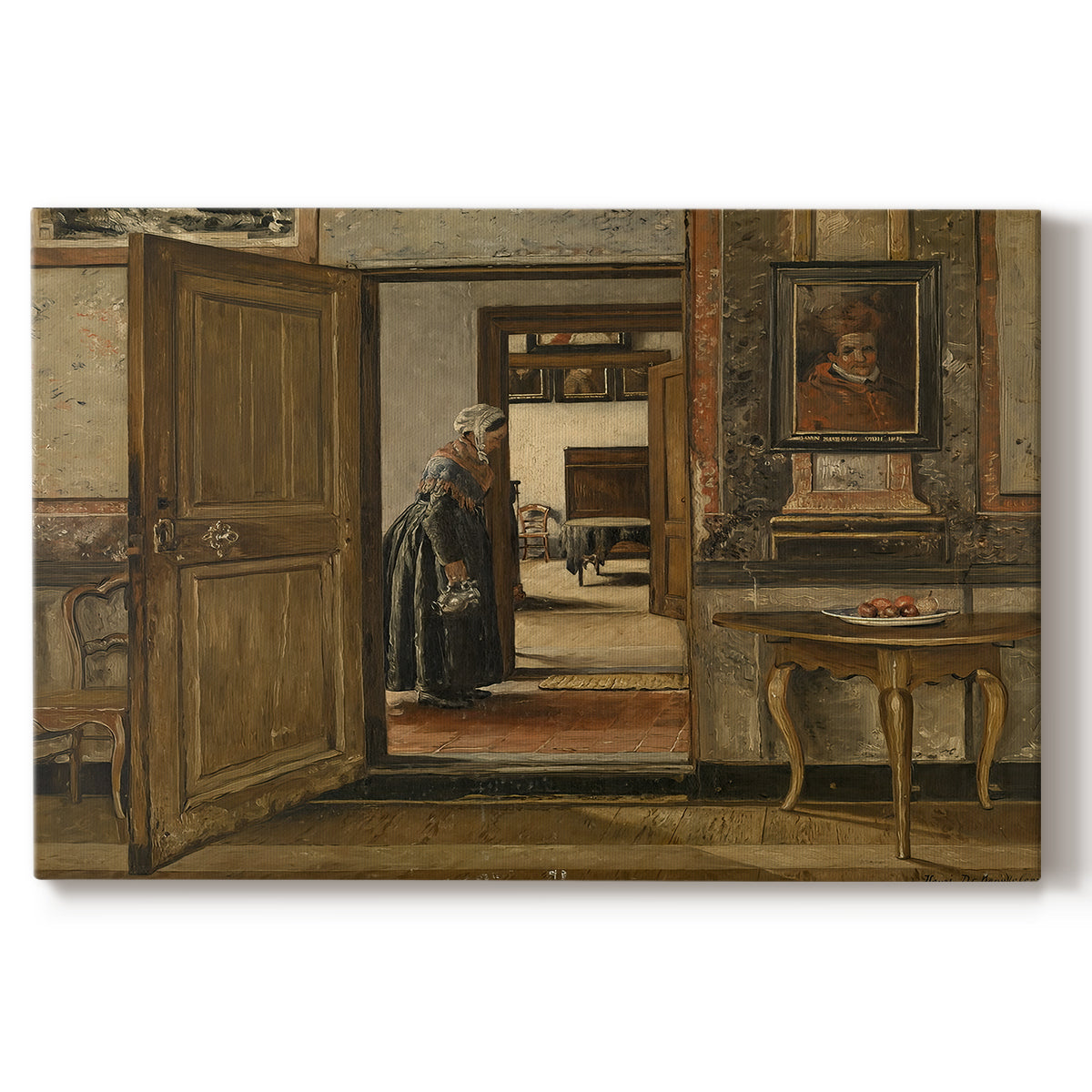 Canvas art print portraying a long interior hallway with figure standing in structured architectural space, set against a white background