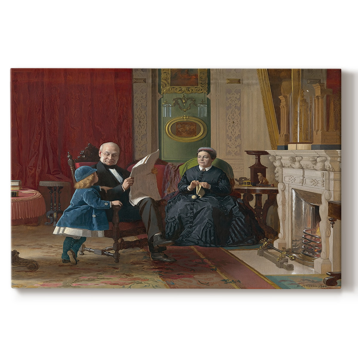 Canvas art print portraying a family seated together in interior room engaged in quiet activity, set against a white background