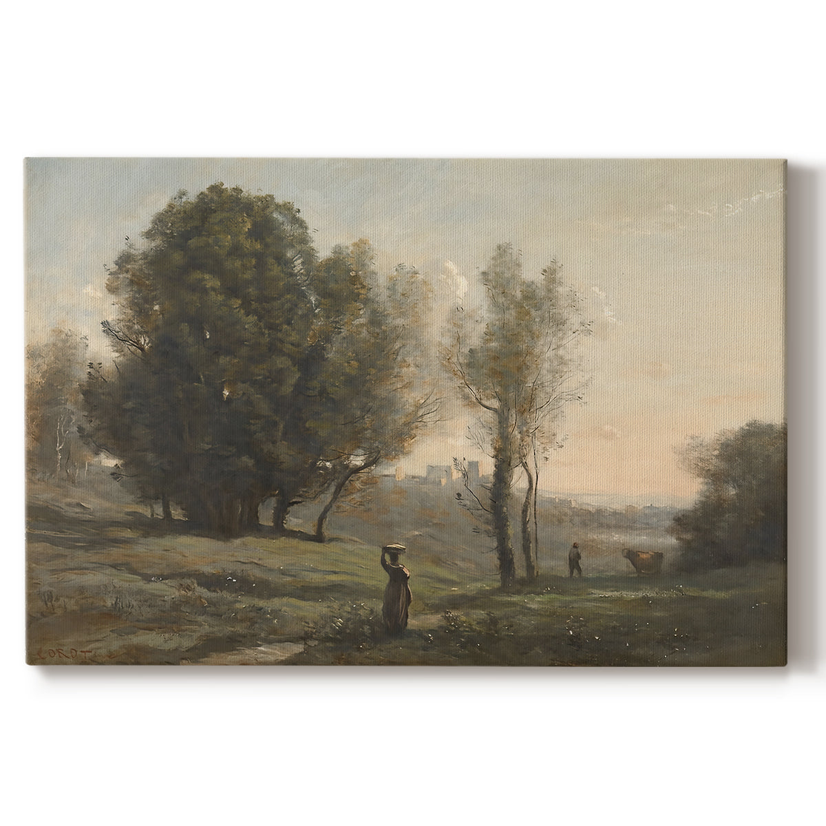 Canvas art print portraying an expansive landscape with sparse trees and open ground under soft light, set against a white background