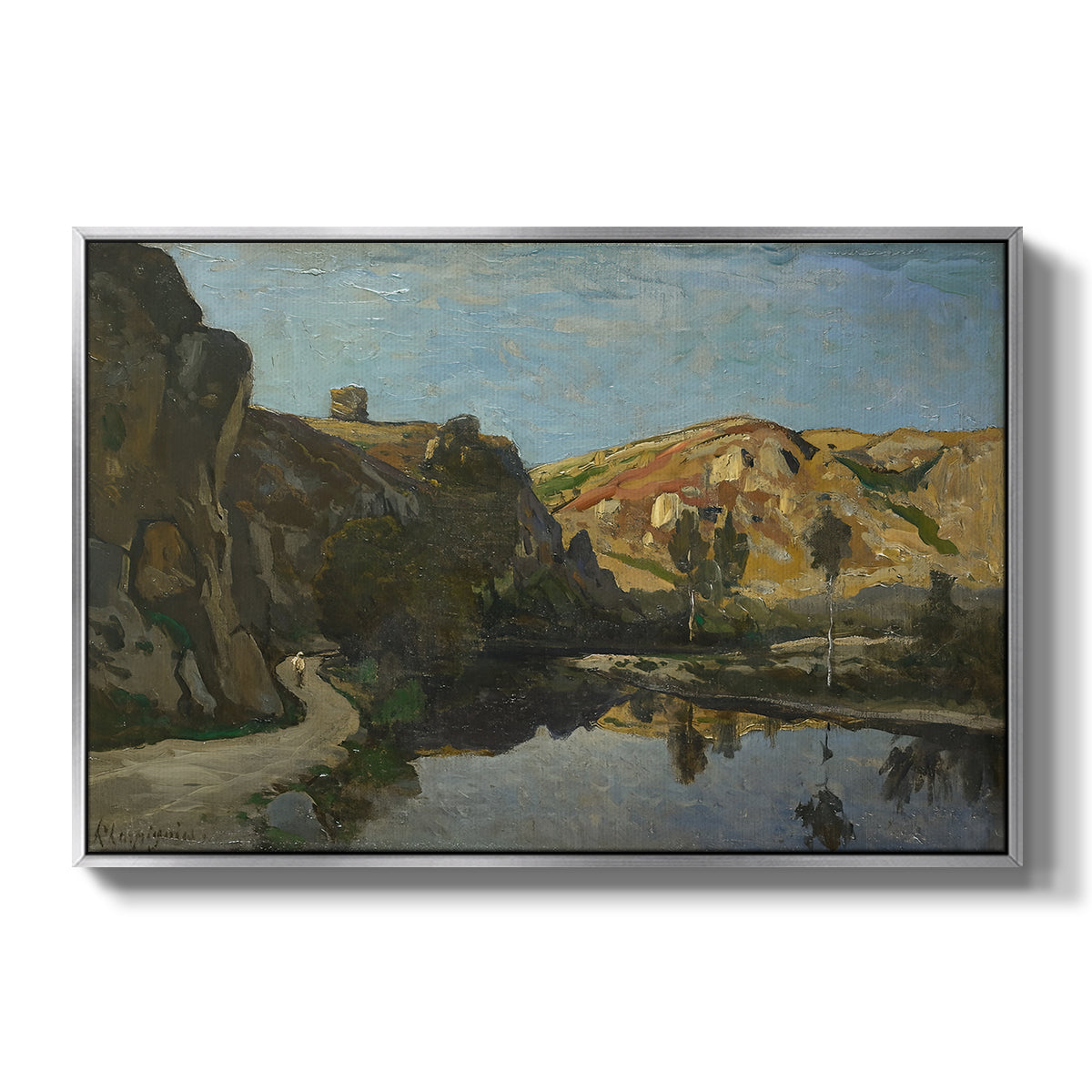 River Landscape with Cliffs, c. 1850-1860 - Floater Framed Canvas Print