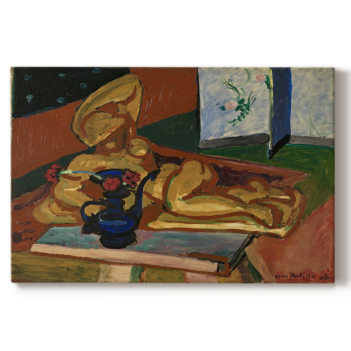 Canvas art print portraying a still life with a small sculpture and Persian vase on a table, set against a white background