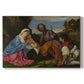 Canvas art print portraying a holy family gathered with shepherd in rustic outdoor setting, set against a white background