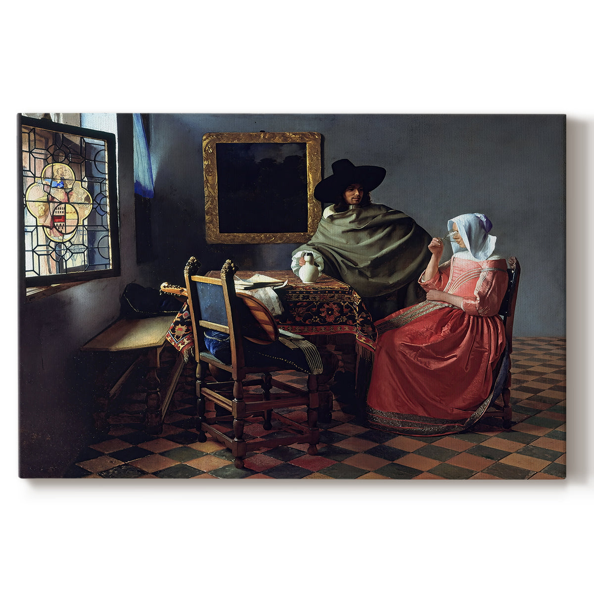 Canvas art print portraying a woman seated at table with man offering glass of wine in interior, set against a white background