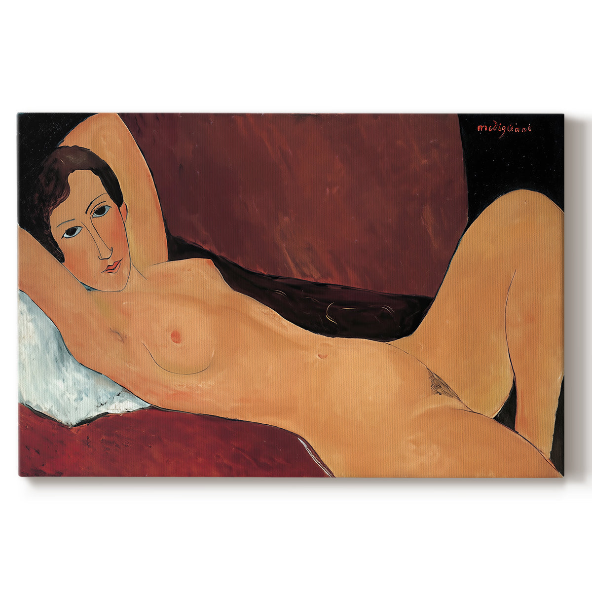 Canvas art print portraying a reclining nude woman stretched across a sofa with elongated form, set against a white background