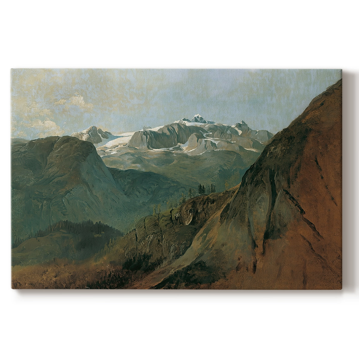 Canvas art print portraying dramatic mountain peaks in expansive landscape, set against a white background