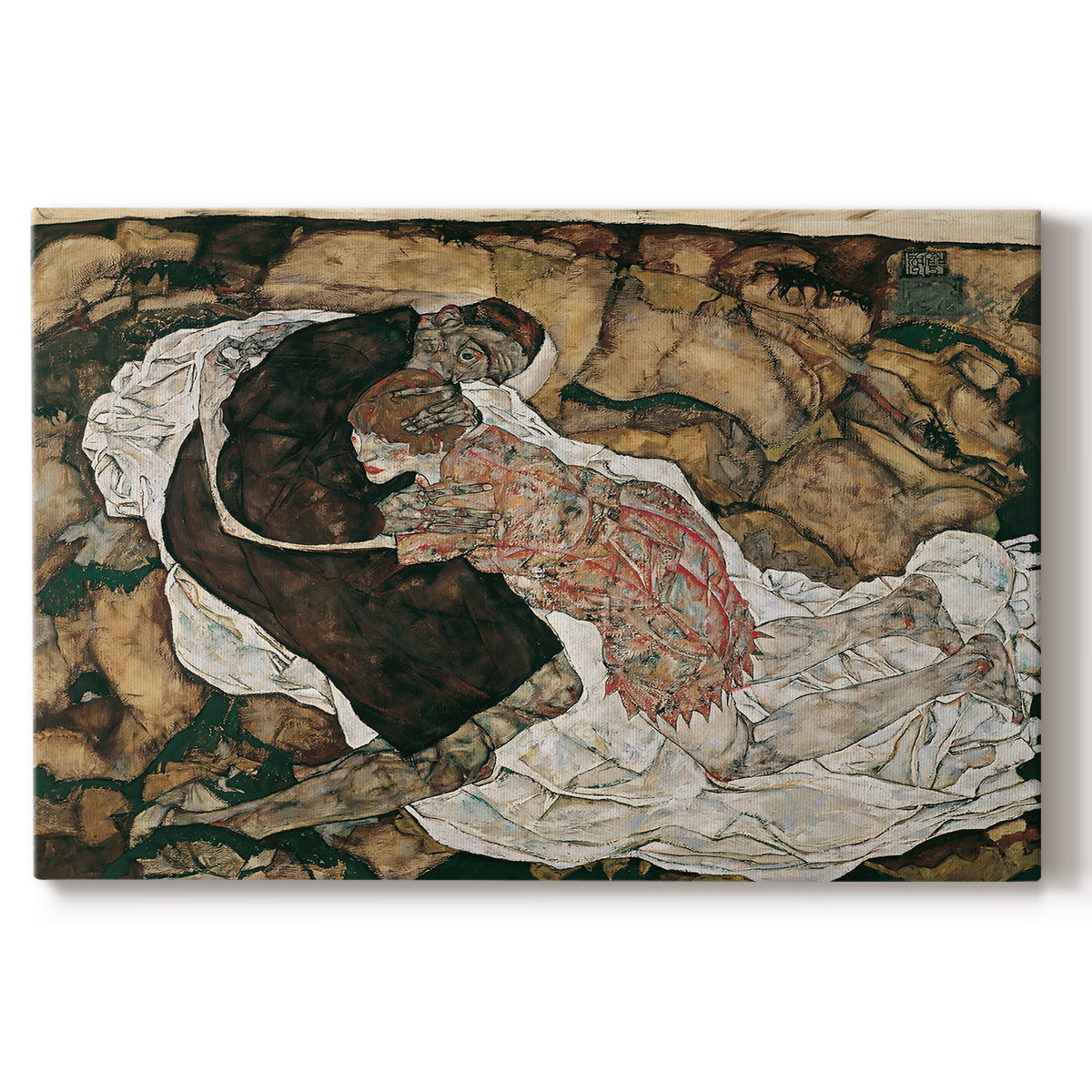 Canvas art print portraying intertwined figures representing death and woman in emotional embrace, set against a white background