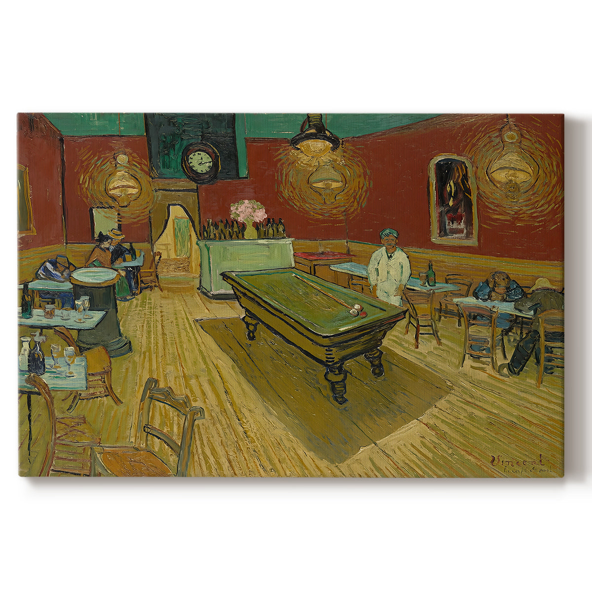 Canvas art print portraying a café interior with billiard table, lamps, and scattered figures under red walls, set against a white background