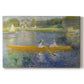 Canvas art print portraying two figures seated in a small boat drifting across calm water, set against a white background